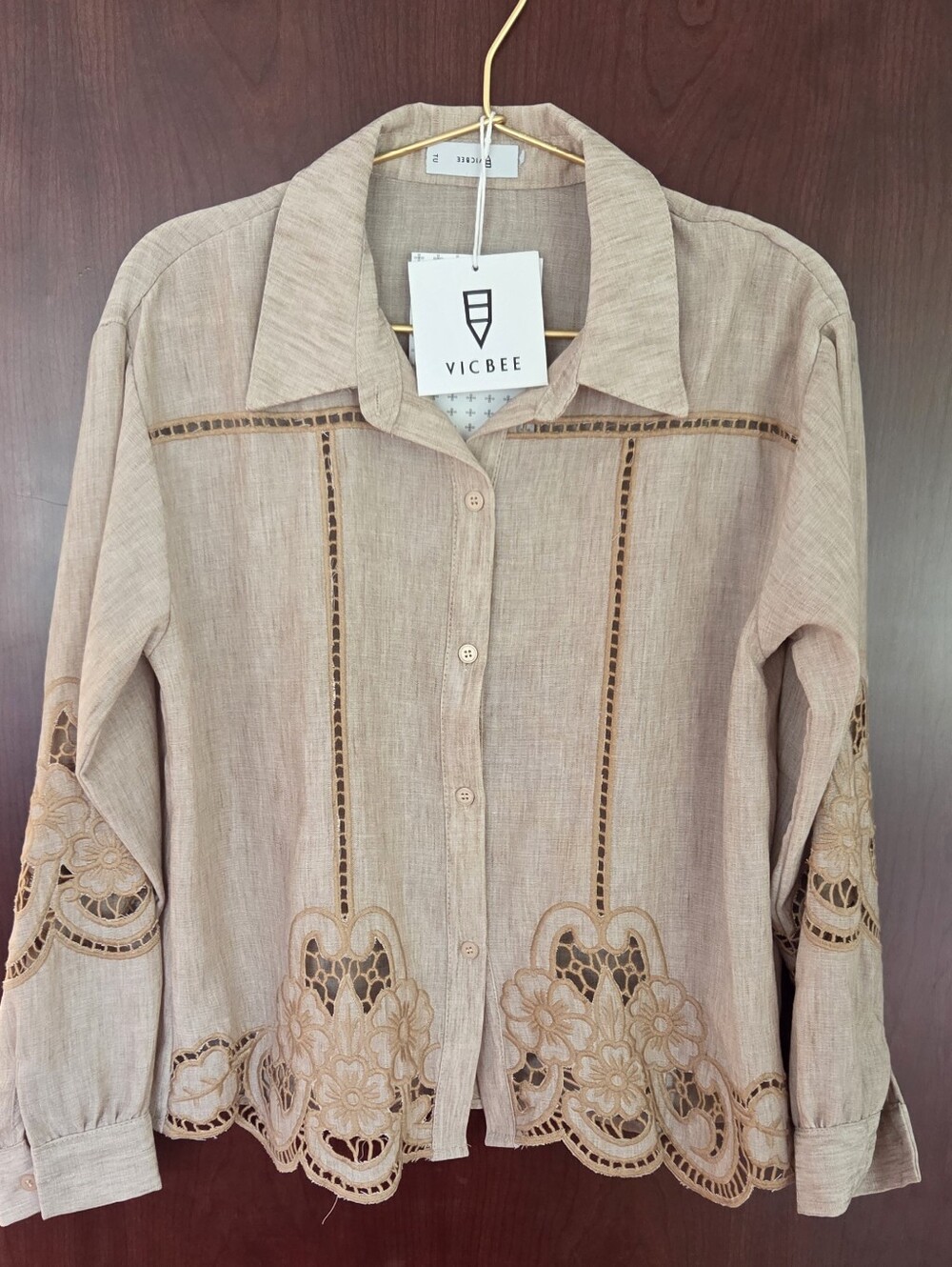 Beige Embroidered Button-Down Shirt